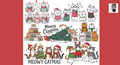 The image is a collage of various Christmas-themed illustrations featuring cats in festive attire, including Santa hats, scarves, and Christmas trees. The collage includes a variety of cat illustrations, such as cats wearing Santa hats, cats sitting on Christmas trees, and cats in different holiday outfits. The collage also includes a Christmas tree and a 