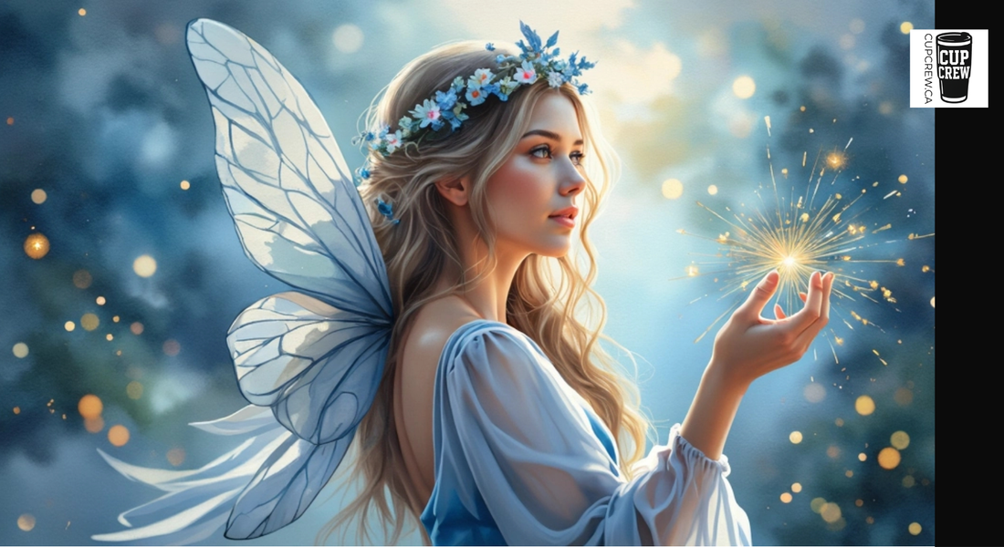 A woman with long blonde hair and a flower crown holds a sparkler in her hand, surrounded by a blue and white background with a magical, fairy-like atmosphere.