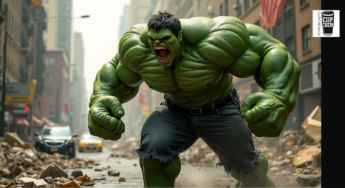 A muscular green-skinned character with a fierce expression is shown in a dynamic fighting stance on a city street, surrounded by rubble and debris.