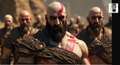 A close-up of a bearded man with red markings on his face, wearing a heavily armored and battle-ready costume, standing in front of a group of other similarly dressed men.