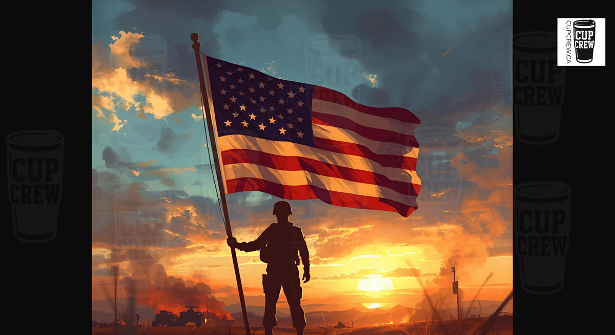 A silhouetted figure stands holding an American flag against a backdrop of a vibrant sunset sky.