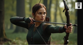 A woman in a green outfit is aiming a bow and arrow in a forest setting.