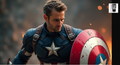 A man dressed as Captain America, wearing a blue and red suit with a star emblem, holding a red and white shield with a star emblem.