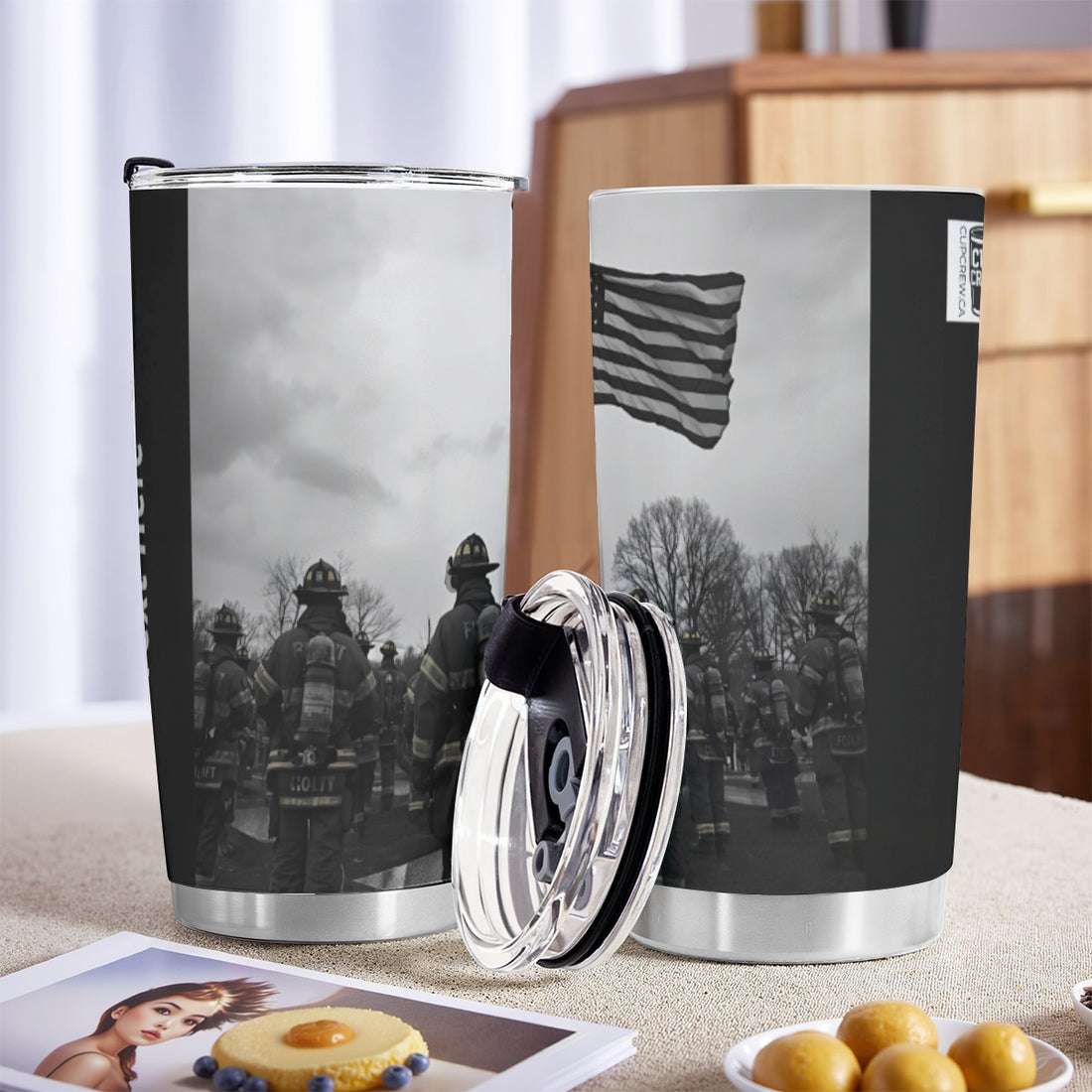 A group of firefighters standing in front of an American flag, with a cup of coffee on the right side of the image.