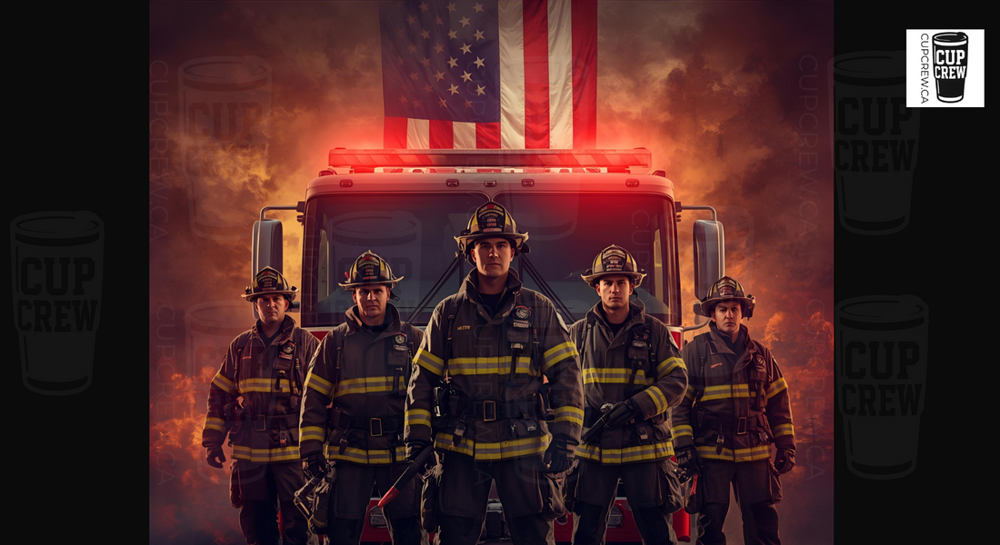 A group of firefighters standing in front of a fire truck, with an American flag in the background.