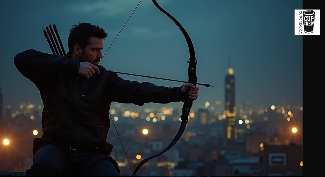 A man in a black jacket is aiming a bow and arrow at a city skyline at night.