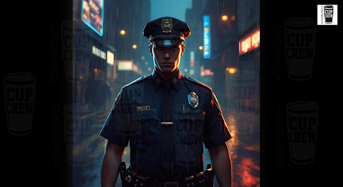 A police officer in uniform stands in a city street at night, with the city lights illuminating the scene.