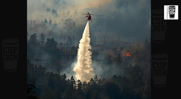 A helicopter is dropping a large amount of water on a forest fire, creating a plume of smoke and steam as it extinguishes the flames.