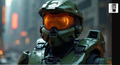 A close-up of a futuristic green armor helmet with an orange visor, likely from a science fiction or fantasy setting.