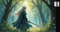 A woman with long, flowing hair stands in a lush, green forest, holding a sword and surrounded by flowers and foliage.