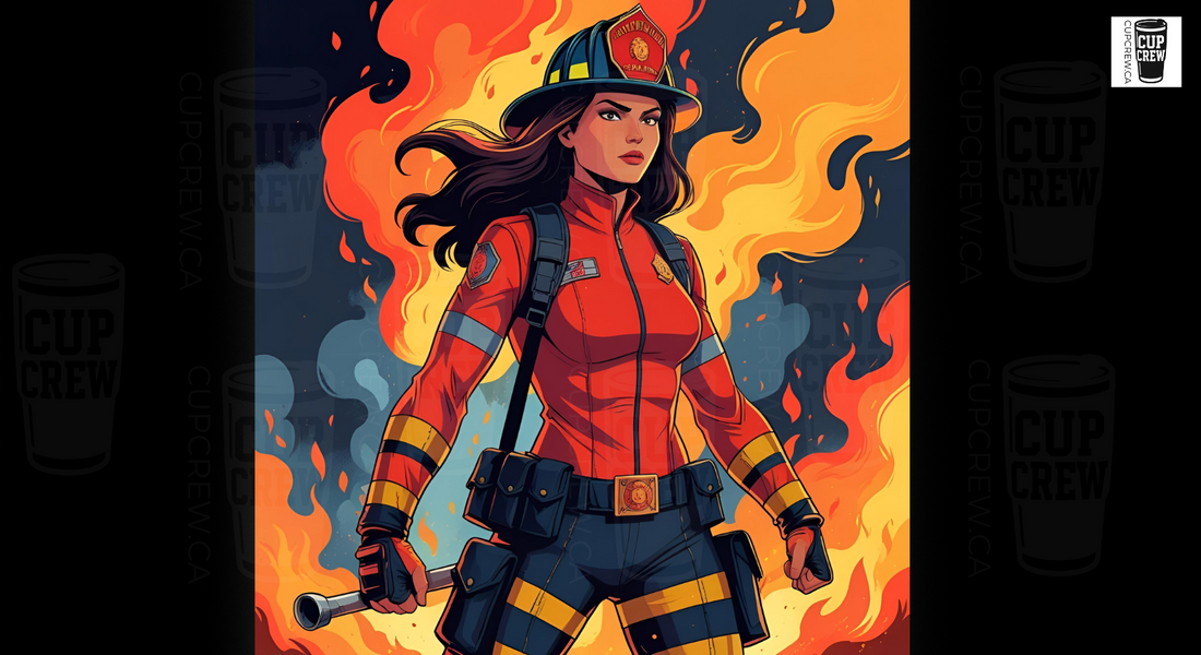A female firefighter in a red uniform and helmet stands in front of a fiery background, holding a hose and appearing ready to respond to an emergency.