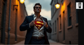 A man in a suit stands in a narrow alleyway, wearing a Superman costume and holding up his shirt, with a serious expression on his face.