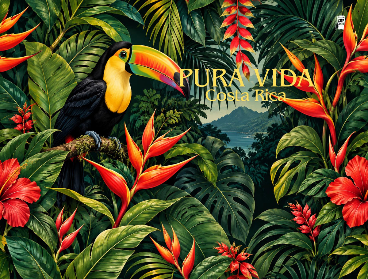 A vibrant tropical scene featuring a colorful toucan perched on a branch amidst lush foliage, flowers, and a tropical landscape in the background.