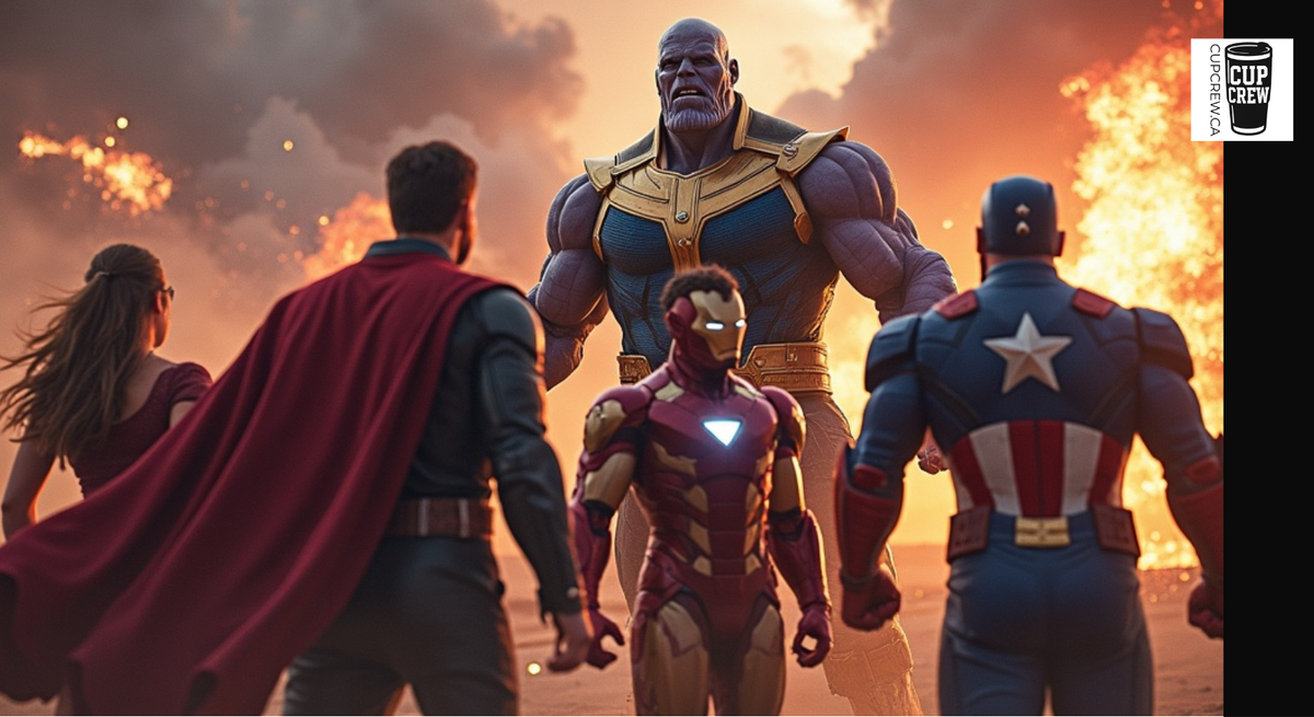 a group of superheroes, including Iron Man, Captain America, and Thanos, standing together in a dramatic scene with a fiery background.