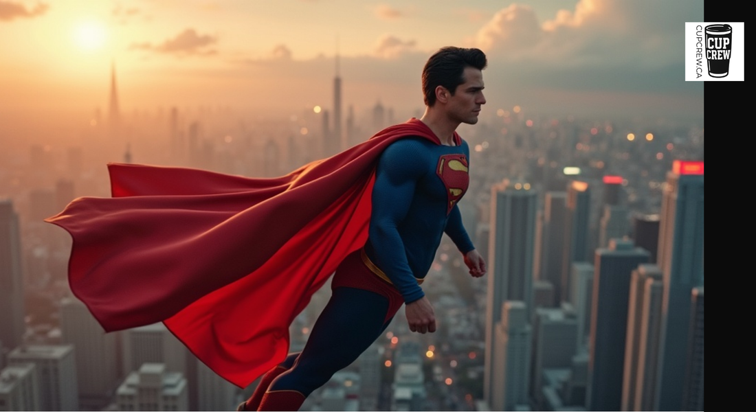 A man in a Superman costume flying above a cityscape at sunset.