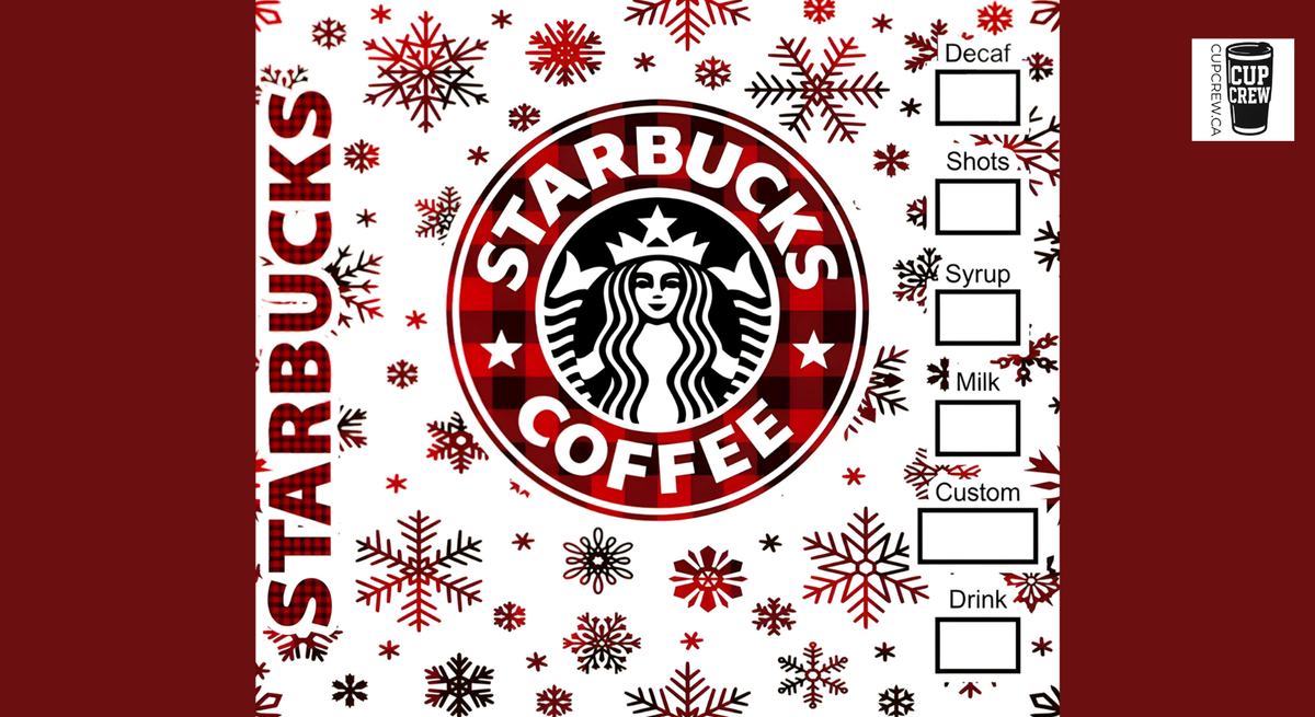 The image is a Starbucks coffee cup design featuring the iconic Starbucks logo, a woman's face, and snowflakes. The design has a red and white color scheme with the Starbucks name prominently displayed.