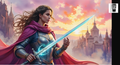 A woman in a purple cape and armor stands in front of a castle, holding a sword and gazing into the distance.