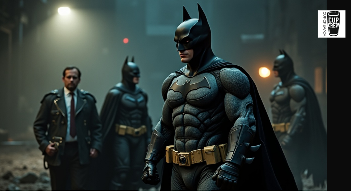 Batman standing in a dark, urban setting with other Batman characters in the background.