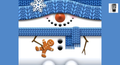 A snowman with a gingerbread man figure, wearing a blue scarf and hat, and a snowflake on its head.