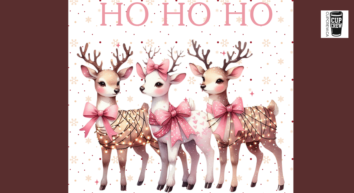 Three deer with pink bows on their backs, standing together against a snowy background with the text "HO HO HO" above them.