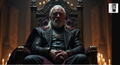 An older man with a long white beard and mustache, wearing a black leather jacket and sitting on a throne-like chair, with a serious expression on his face.