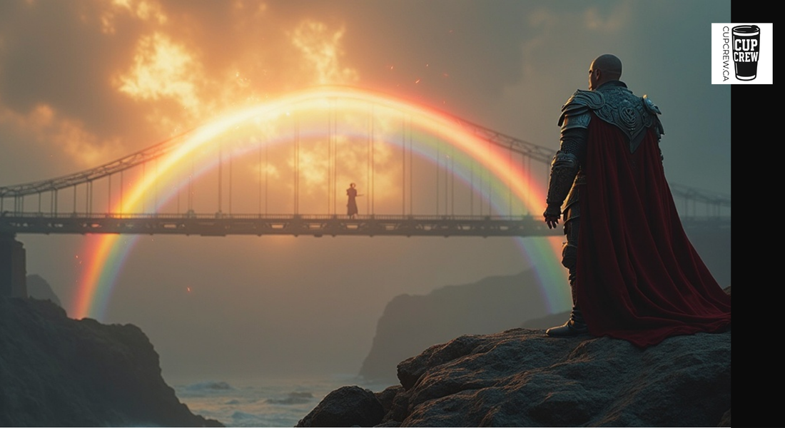 A person in a red cape stands on a rocky cliff, gazing out at a bridge and a rainbow in the distance.