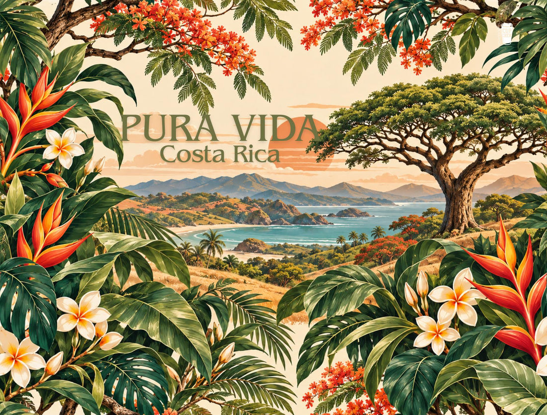 The image is a vibrant and lush tropical landscape featuring a variety of colorful flowers, palm trees, and a serene body of water surrounded by mountains.