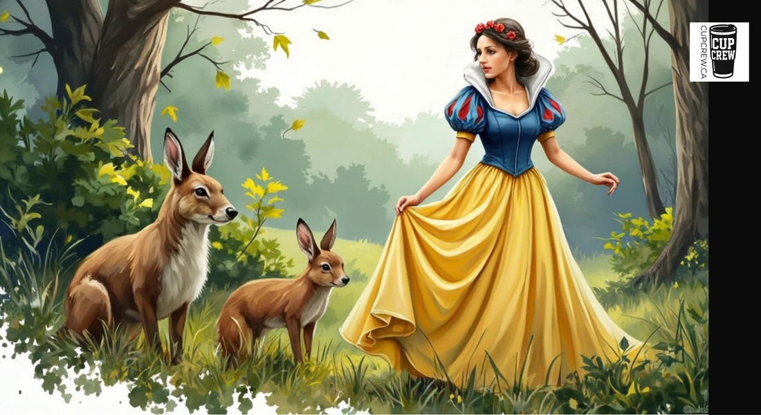A woman in a yellow dress stands in a forest, accompanied by two deer.