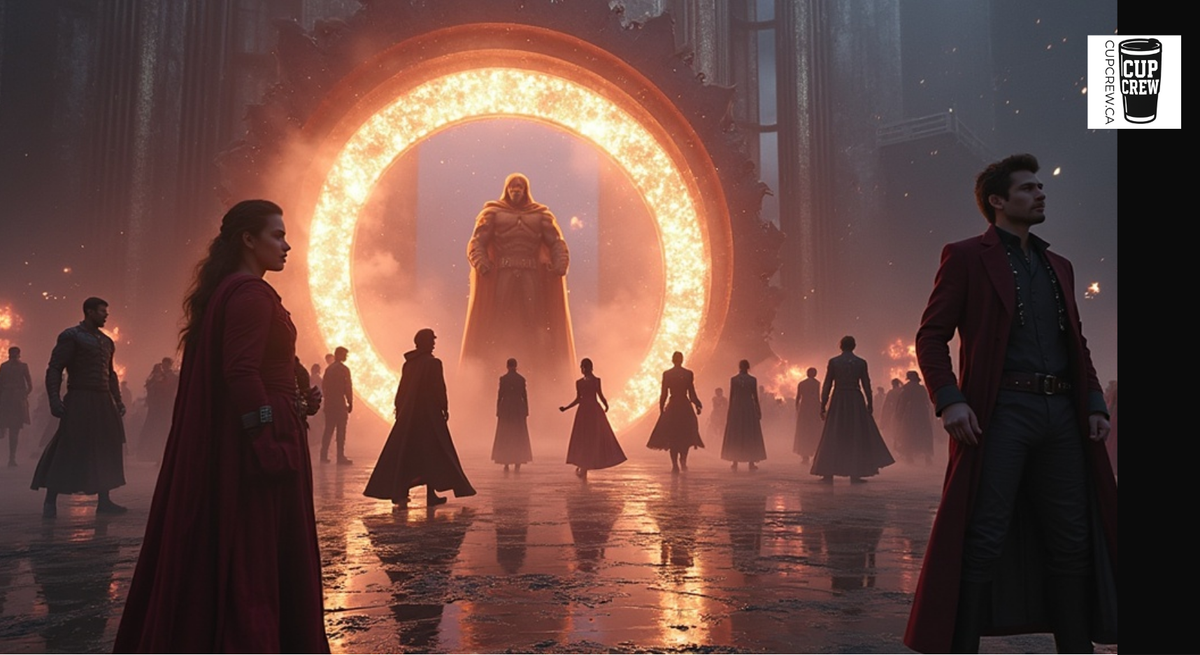 A group of people in long red coats standing in front of a large, glowing archway, with a figure in the center of the archway.