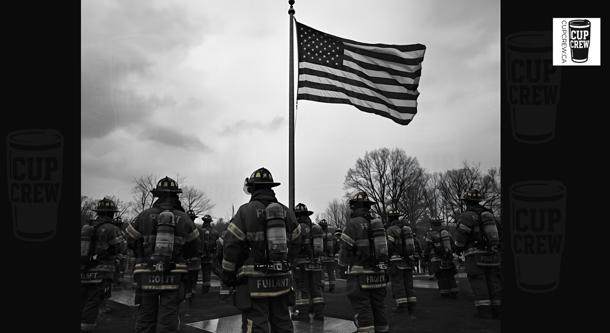 A group of firefighters standing in front of an American flag, with a cup of coffee on the right side of the image.