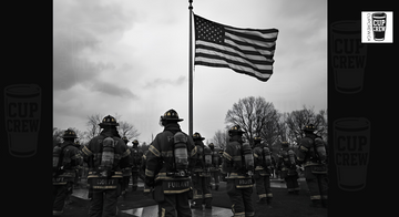 A group of firefighters standing in front of an American flag, with a cup of coffee on the right side of the image.
