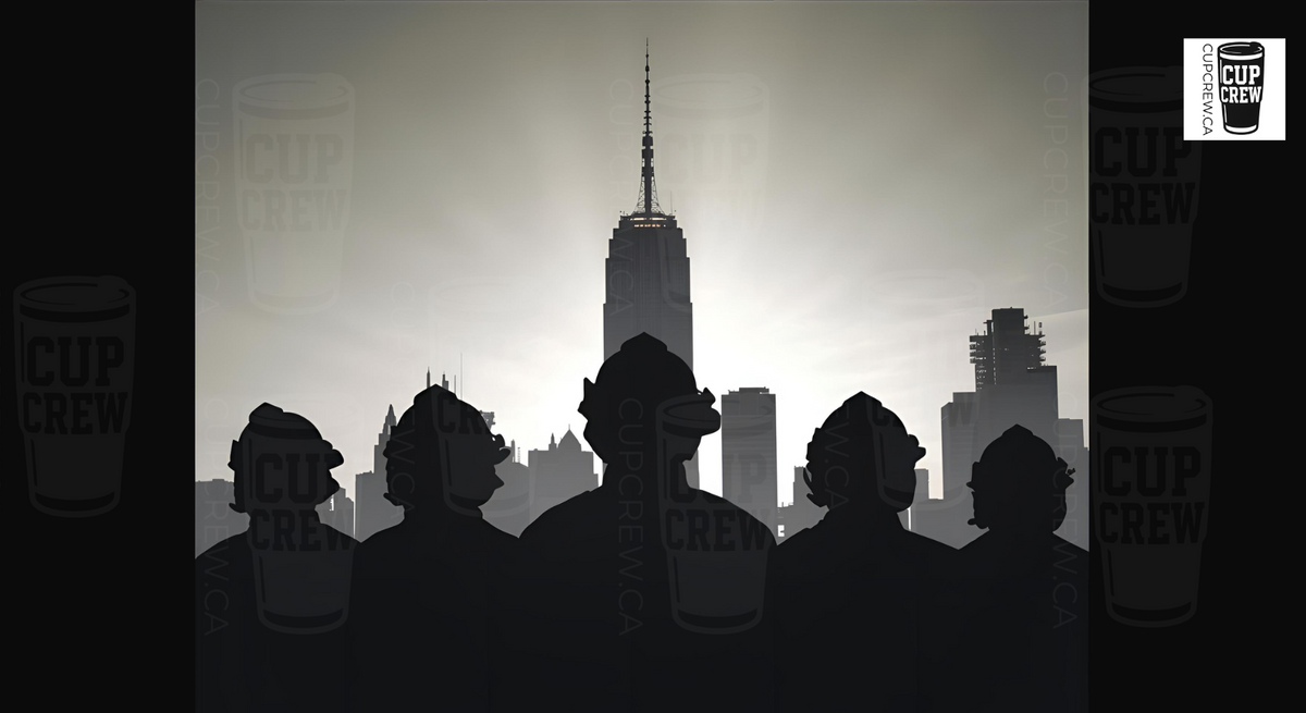 silhouettes of people standing in front of a city skyline, with the silhouette of a tall building in the background.