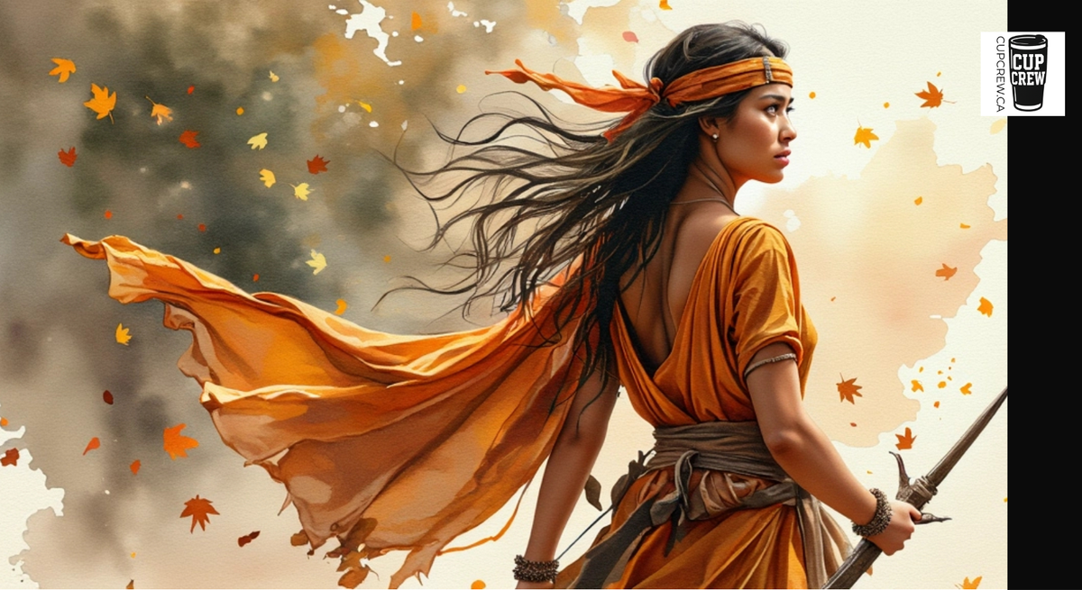 A woman in an orange dress with a flowing skirt and headband stands amidst falling orange leaves, holding a sword and gazing into the distance.