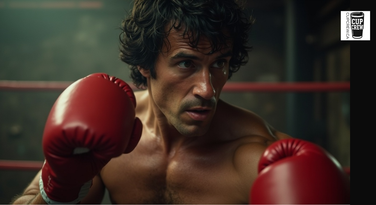 A shirtless man with curly hair, wearing red boxing gloves, stands in a boxing ring, looking determined and focused.