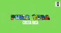 The image is a collage of various colorful illustrations representing different aspects of Costa Rica, including landmarks, animals, and natural elements, arranged in a stylized manner to spell out the word 