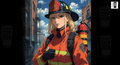A female firefighter in a red uniform stands in an urban setting, with a fire hose attached to her back.