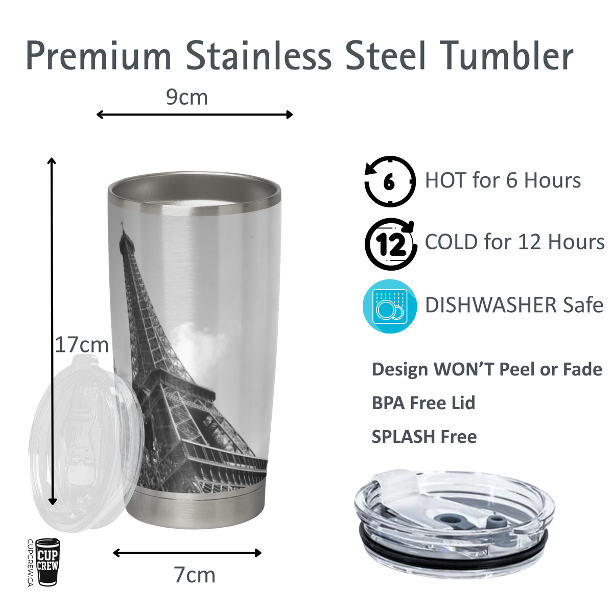a stainless steel tumbler with a picture of the Eiffel Tower on it. The tumbler is described as a premium stainless steel tumbler with a capacity of 9 cm, a 6-hour hot period, a 12-hour cold period, a dishwasher safe design, and a BPA-free lid.