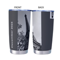a gray and black design with a photograph of the Eiffel Tower on it. The design has two distinct sections, one with a black and white photograph of the tower and the other with a black and white photograph of a tree. The design also includes text that reads 