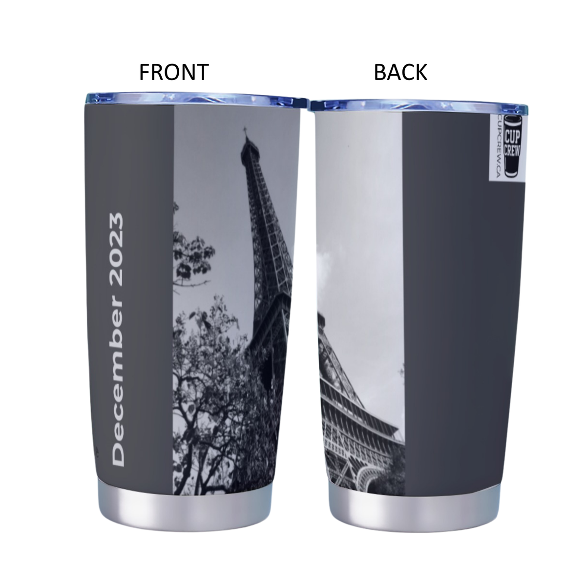 a gray and black design with a photograph of the Eiffel Tower on it. The design has two distinct sections, one with a black and white photograph of the tower and the other with a black and white photograph of a tree. The design also includes text that reads "December 2023" and "CUP COW".