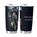 a firefighter in a uniform, with a quote about pride and joy in the work.