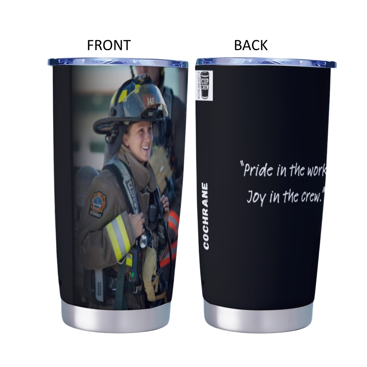 a firefighter in a uniform, with a quote about pride and joy in the work.