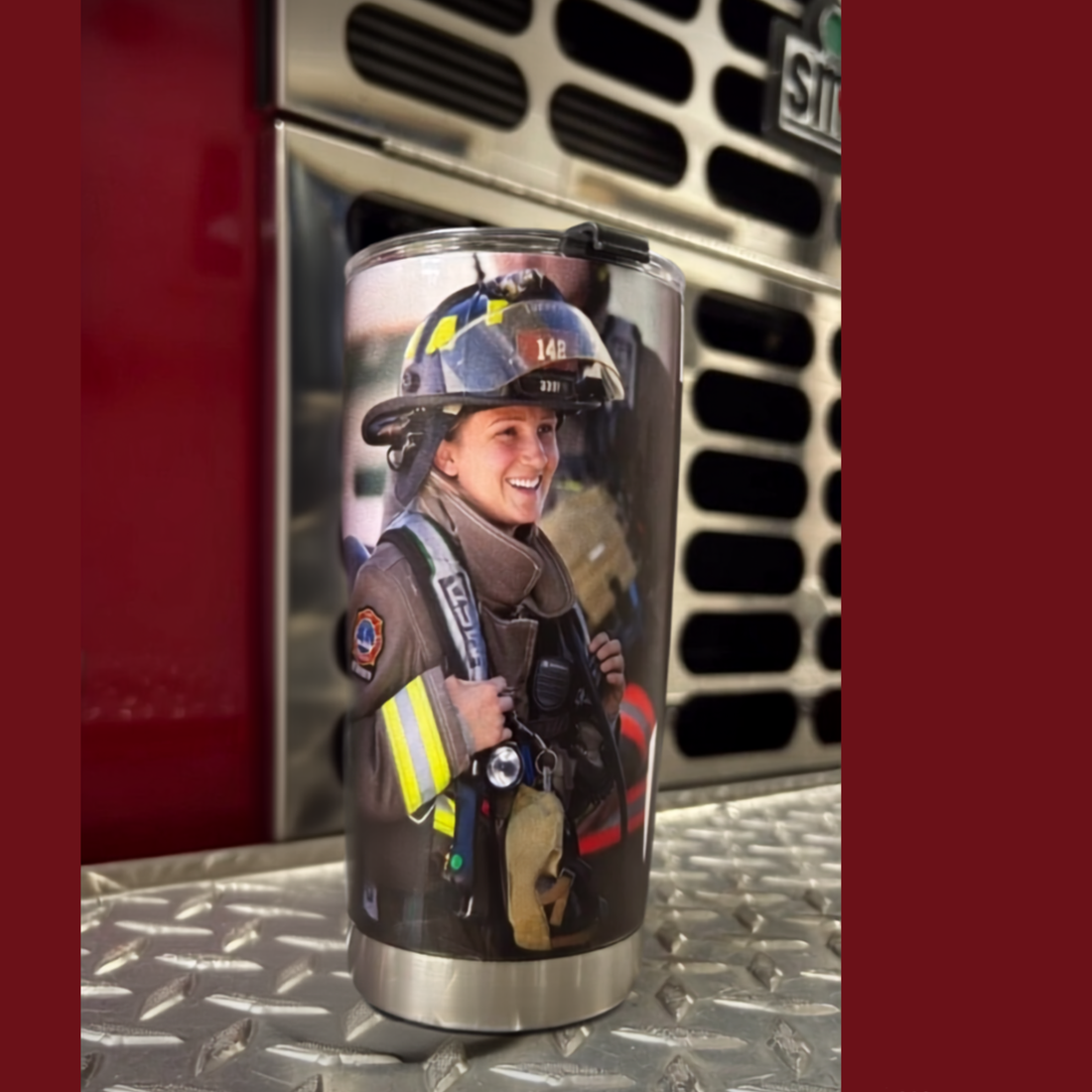 a collection of cups with firefighter images on them.