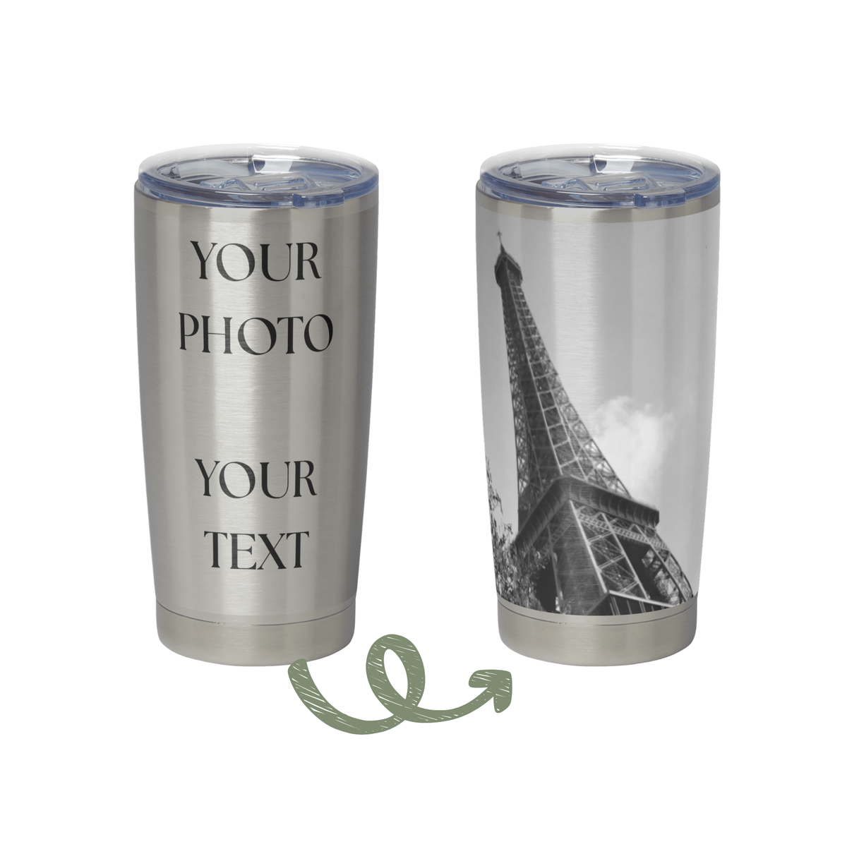 a pair of stainless steel tumblers with a printed image of the Eiffel Tower on them.