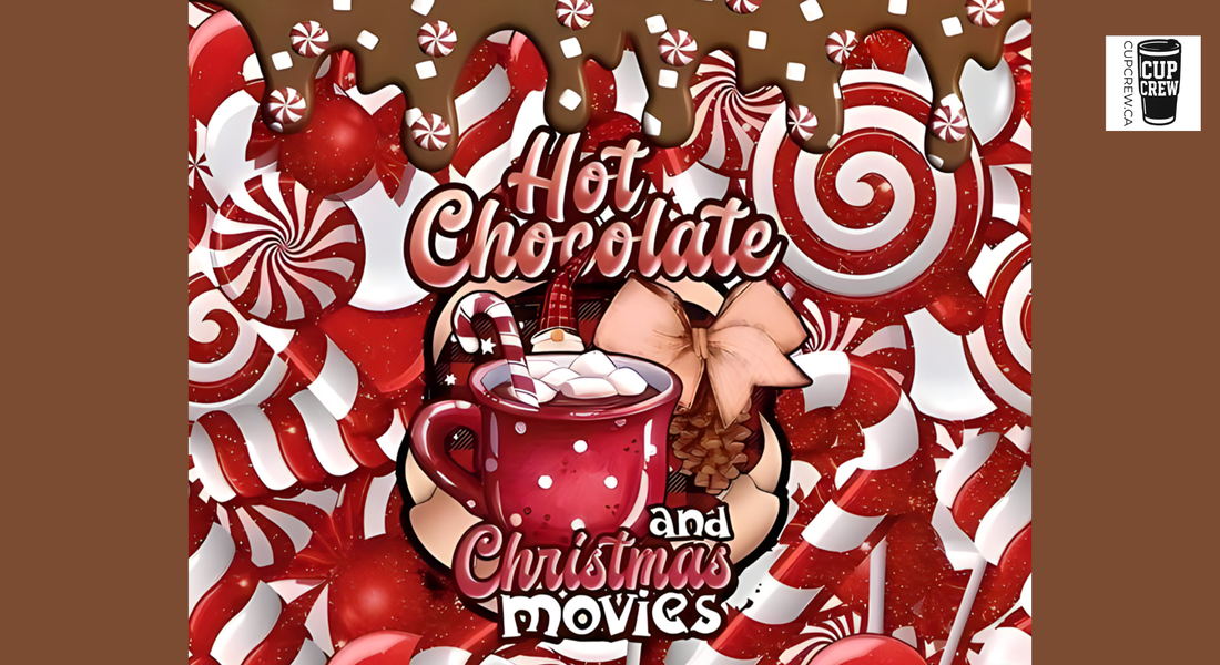 The image is a vibrant and festive collage featuring a variety of holiday-themed elements, including candy canes, hot chocolate, and Christmas movies.