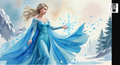 A woman in a flowing blue dress stands in a snowy landscape, surrounded by snowflakes and pine trees.