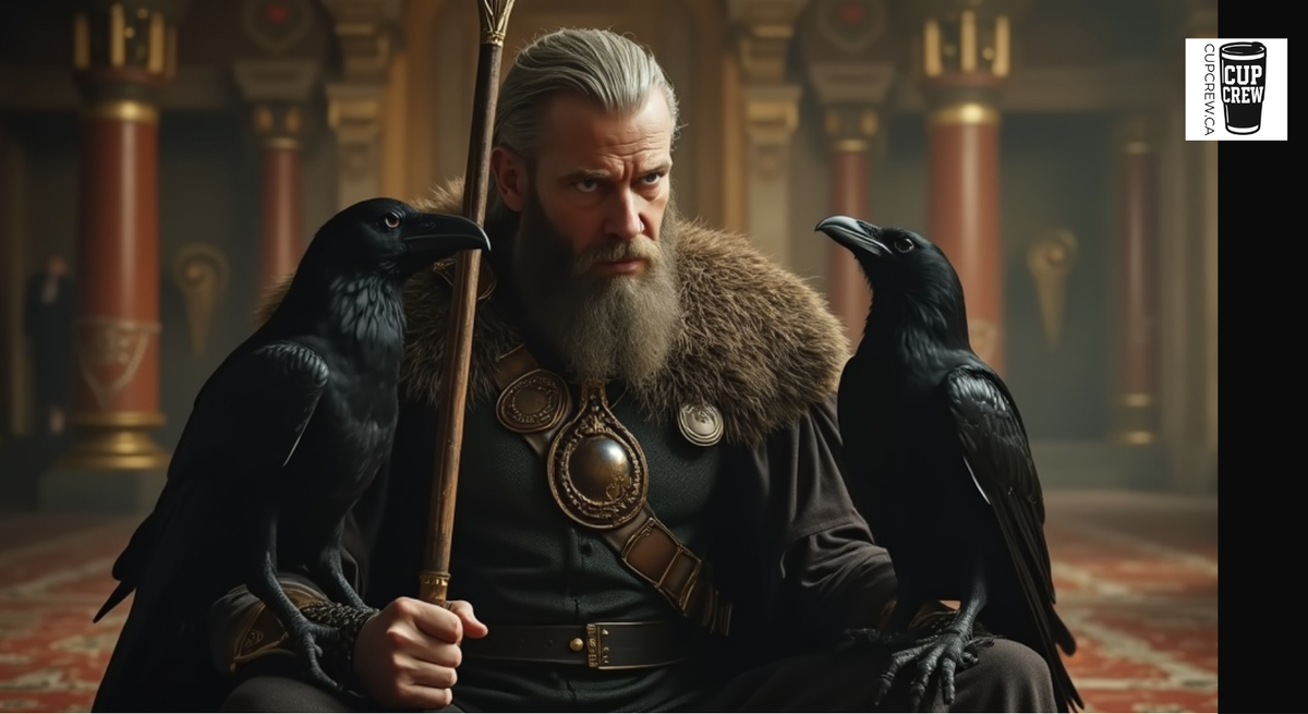 A bearded man in a fur-trimmed robe sits on a throne, holding a staff and accompanied by two black birds.