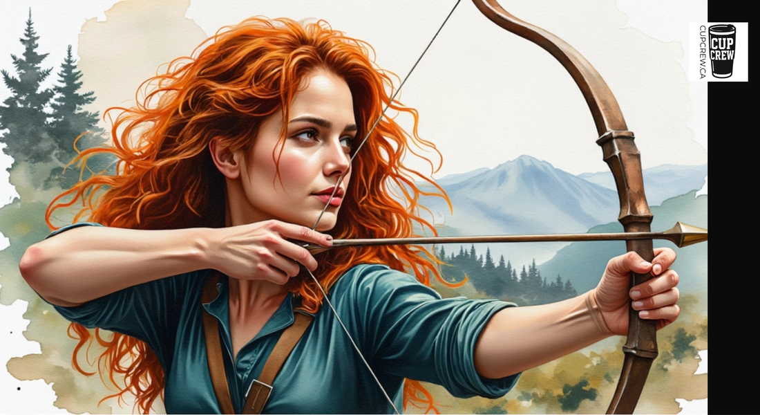 A woman with long, curly red hair is holding a bow and arrow, aiming it at a mountainous landscape in the background.