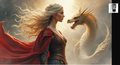 A woman with flowing blonde hair stands in front of a large, white dragon with sharp teeth, both facing each other in a dramatic scene.
