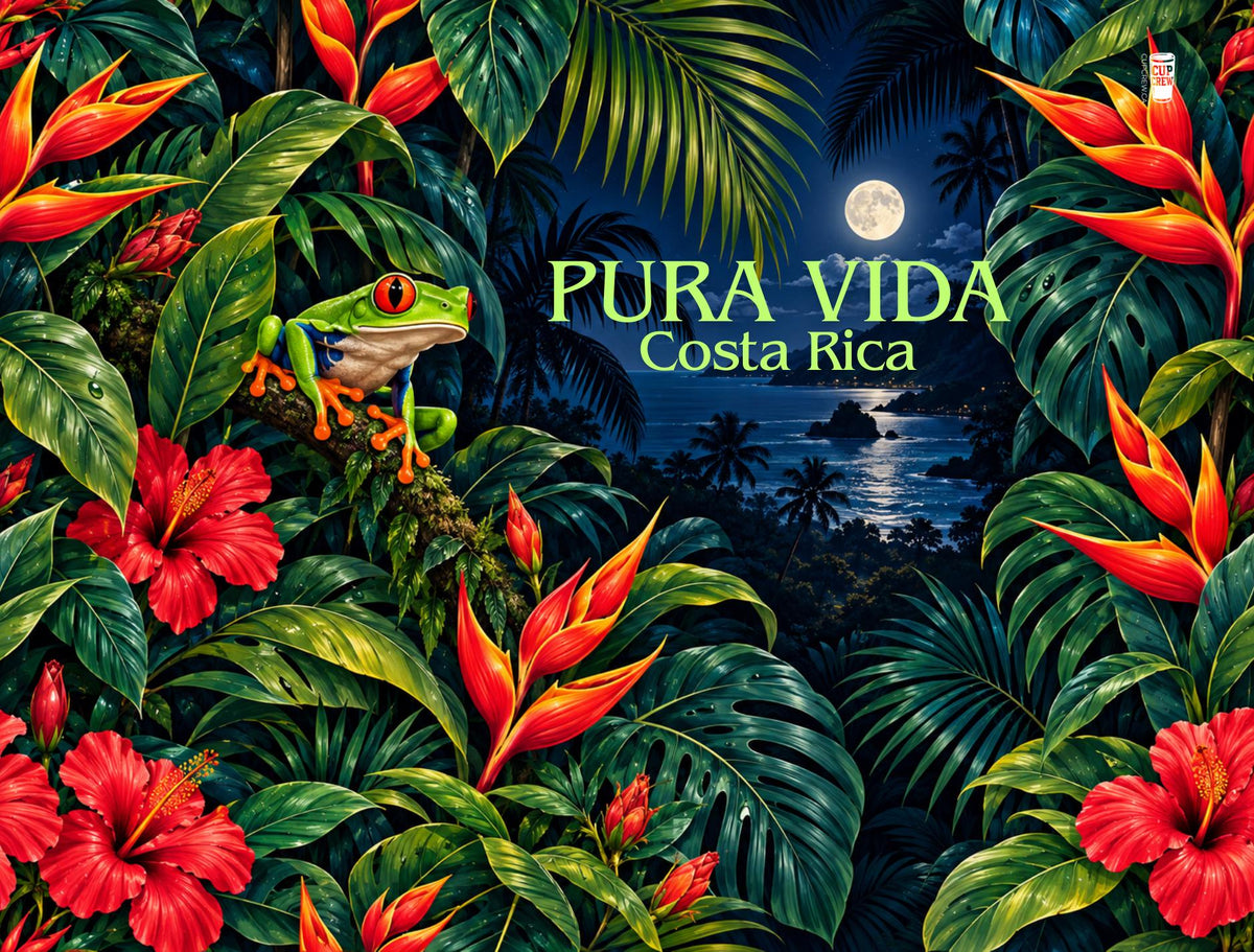 The image is a vibrant and lush tropical scene featuring a frog perched on a branch amidst a dense array of red hibiscus flowers, palm leaves, and other tropical foliage. The background depicts a serene night view of the ocean and a full moon, creating a sense of tranquility and natural beauty. The text "PURA VIDA Costa Rica" is prominently displayed, suggesting the image is promoting a vacation destination.
