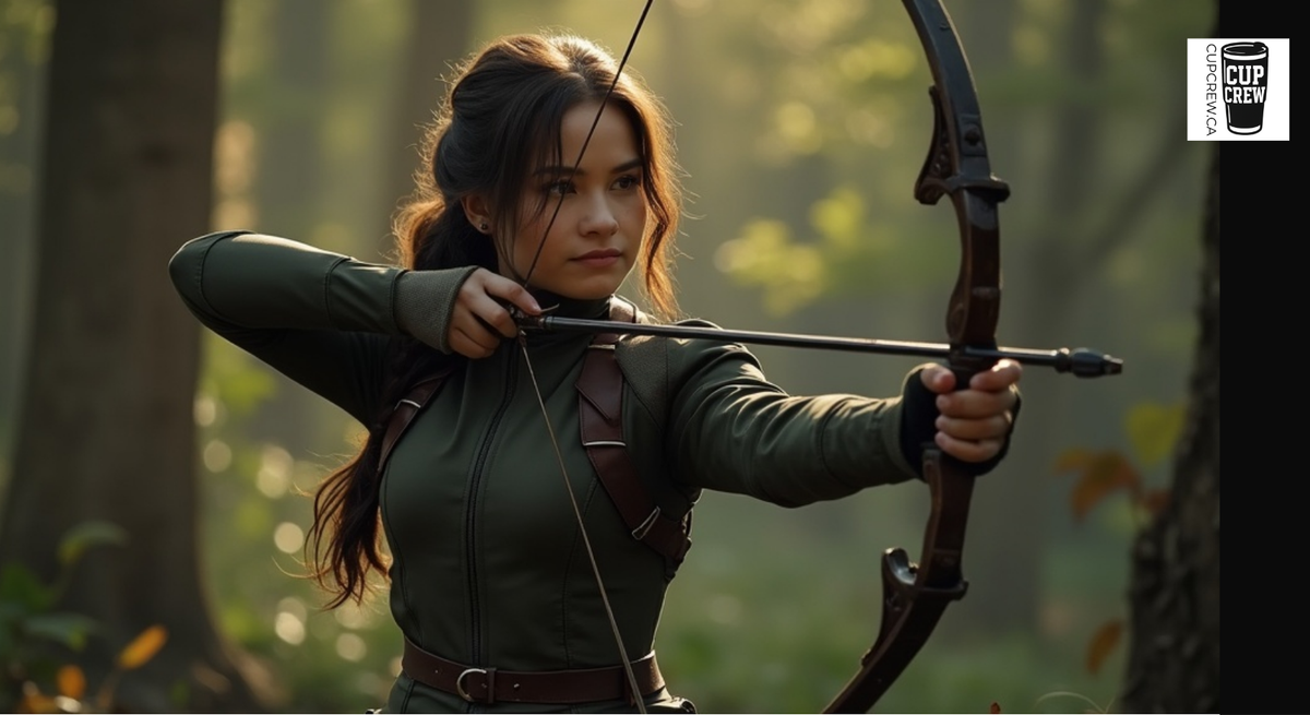 A woman in a green outfit is aiming a bow and arrow in a forest setting.